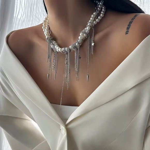 Anthropologie Star Tassel Multilayer Silver Pearl Necklace Tik tok Famous - Picture 4 of 8